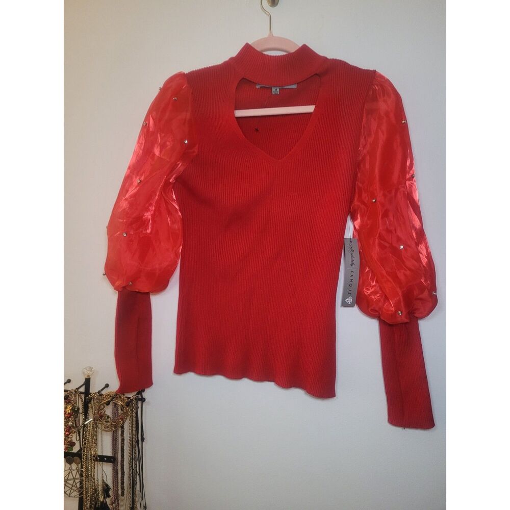 NWT Red Ribbed Knit Sweater Top w/ Sheer Rhinestone Puff Sleeves Size S